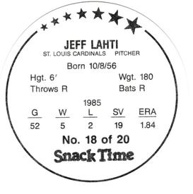 1986 KAS St. Louis Cardinals Discs #18 Jeff Lahti Back