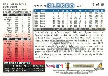 1998 Score Atlanta Braves #6 Ryan Klesko Back