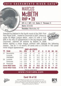2010 MultiAd Sacramento River Cats #18 Marcus McBeth Back