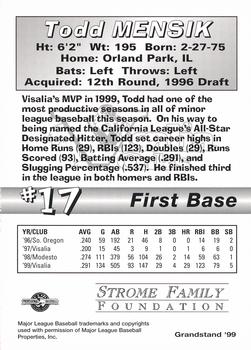 1999 Grandstand Visalia Oaks #NNO Todd Mensik Back