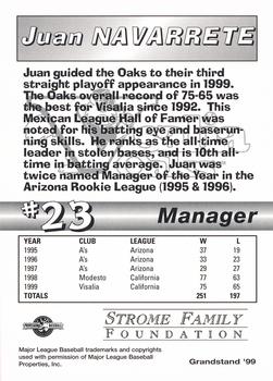 1999 Grandstand Visalia Oaks #NNO Juan Navarrete Back