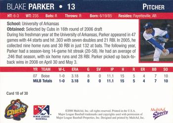 2008 MultiAd Peoria Chiefs #18 Blake Parker Back