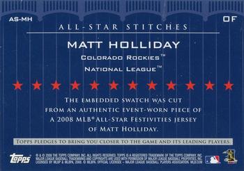 2008 Topps Updates & Highlights - All-Star Stitches #AS-MH Matt Holliday Back