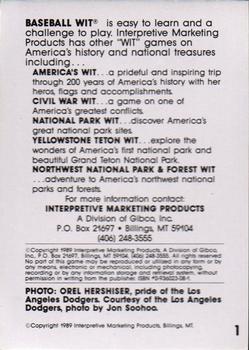 1990 Interpretive Marketing Baseball Wit #1 Orel Hershiser Back