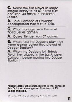 1990 Interpretive Marketing Baseball Wit #11 Jose Canseco Back