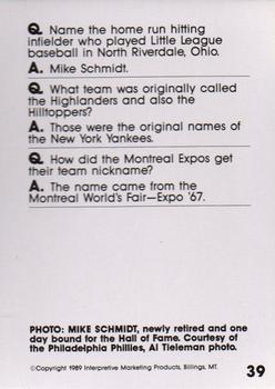 1990 Interpretive Marketing Baseball Wit #39 Mike Schmidt Back