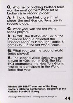 1990 Interpretive Marketing Baseball Wit #44 Jim Perry Back