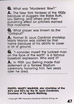 1990 Interpretive Marketing Baseball Wit #47 Marty Marion Back