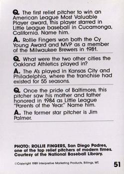 1990 Interpretive Marketing Baseball Wit #51 Rollie Fingers Back