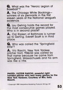1990 Interpretive Marketing Baseball Wit #53 Vic Raschi Back