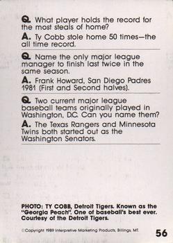 1990 Interpretive Marketing Baseball Wit #56 Ty Cobb Back