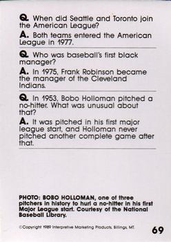 1990 Interpretive Marketing Baseball Wit #69 Bobo Holloman Back
