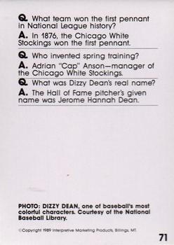 1990 Interpretive Marketing Baseball Wit #71 Dizzy Dean Back