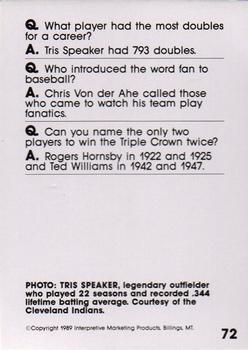 1990 Interpretive Marketing Baseball Wit #72 Tris Speaker Back