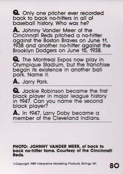 1990 Interpretive Marketing Baseball Wit #80 Johnny Vander Meer Back