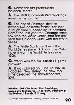 1990 Interpretive Marketing Baseball Wit #90 1869 Cincinnati Red Stockings Back