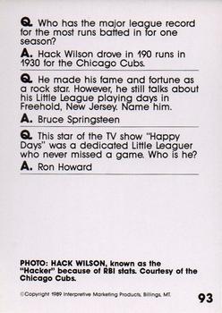 1990 Interpretive Marketing Baseball Wit #93 Hack Wilson Back