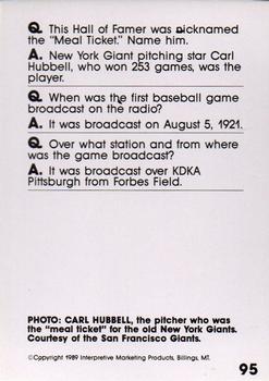 1990 Interpretive Marketing Baseball Wit #95 Carl Hubbell Back