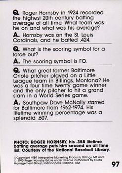1990 Interpretive Marketing Baseball Wit #97 Rogers Hornsby Back