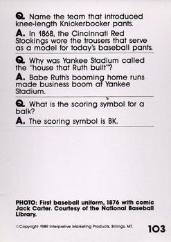 1990 Interpretive Marketing Baseball Wit #103 First Baseball Uniform Back