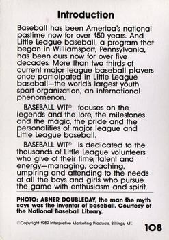 1990 Interpretive Marketing Baseball Wit #108 Abner Doubleday Back