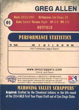 2014 Choice Mahoning Valley Scrappers #1 Greg Allen Back