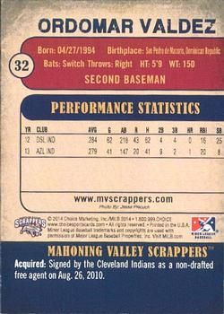2014 Choice Mahoning Valley Scrappers #32 Ordomar Valdez Back