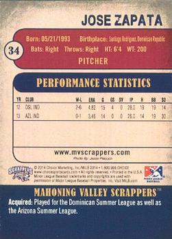 2014 Choice Mahoning Valley Scrappers #34 Jose Zapata Back