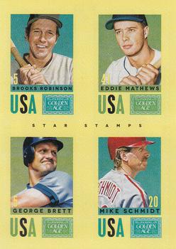 2014 Panini Golden Age - Star Stamps #24 Brooks Robinson / George Brett / Eddie Mathews / Mike Schmidt Front