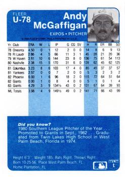 1984 Fleer Update #U-78 Andy McGaffigan Back