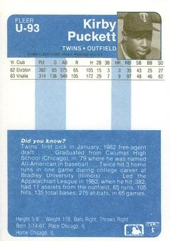 1984 Fleer Update #U-93 Kirby Puckett Back