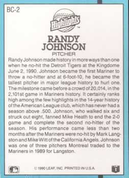 1991 Donruss - Bonus Cards #BC-2 Randy Johnson Back