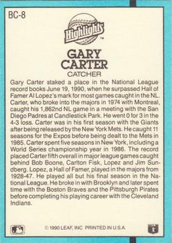 1991 Donruss - Bonus Cards #BC-8 Gary Carter Back