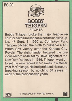 1991 Donruss - Bonus Cards #BC-20 Bobby Thigpen Back