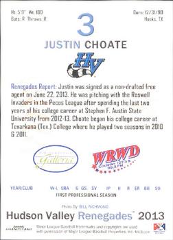 2013 Grandstand Hudson Valley Renegades #4 Justin Choate Back