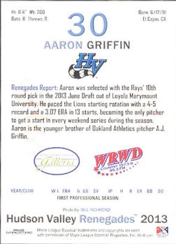 2013 Grandstand Hudson Valley Renegades #10 Aaron Griffin Back