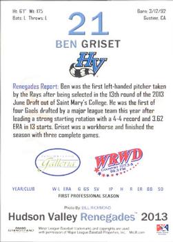 2013 Grandstand Hudson Valley Renegades #11 Ben Griset Back