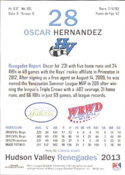2013 Grandstand Hudson Valley Renegades #15 Oscar Hernandez Back