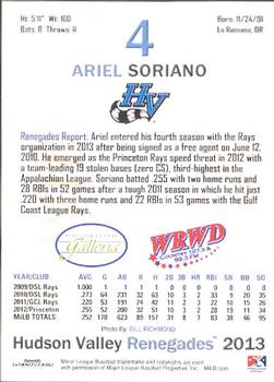2013 Grandstand Hudson Valley Renegades #31 Ariel Soriano Back