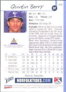 2014 Choice Norfolk Tides #3 Quintin Berry Back