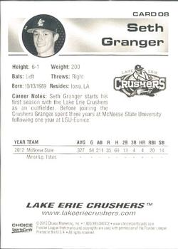 2013 Choice Lake Erie Crushers #8 Seth Granger Back