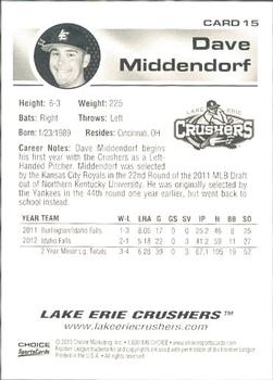 2013 Choice Lake Erie Crushers #15 Dave Middendorf Back