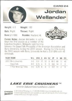 2013 Choice Lake Erie Crushers #24 Jordan Wellander Back