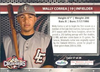 2012 Weed Pro Morning Journal Lake Erie Crushers #17 Wally Correa Back