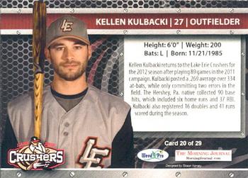 2012 Weed Pro Morning Journal Lake Erie Crushers #20 Kellen Kulbacki Back