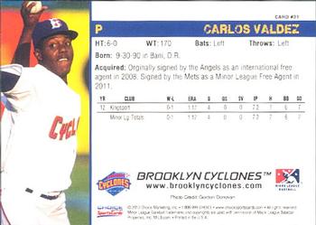 2013 Choice Brooklyn Cyclones #31 Carlos Valdez Back