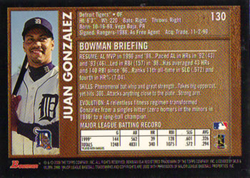 2000 Bowman - Retro/Future #130 Juan Gonzalez Back