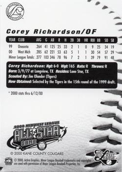 2000 Active Graphics Midwest League All-Stars #NNO Corey Richardson Back