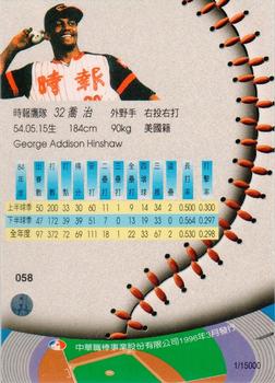 1995 CPBL A-Plus Series - Silver Stitch #058 George Hinshaw Back