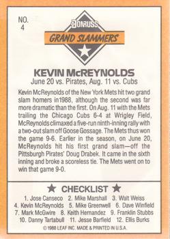 1989 Donruss - Grand Slammers #4 Kevin McReynolds Back